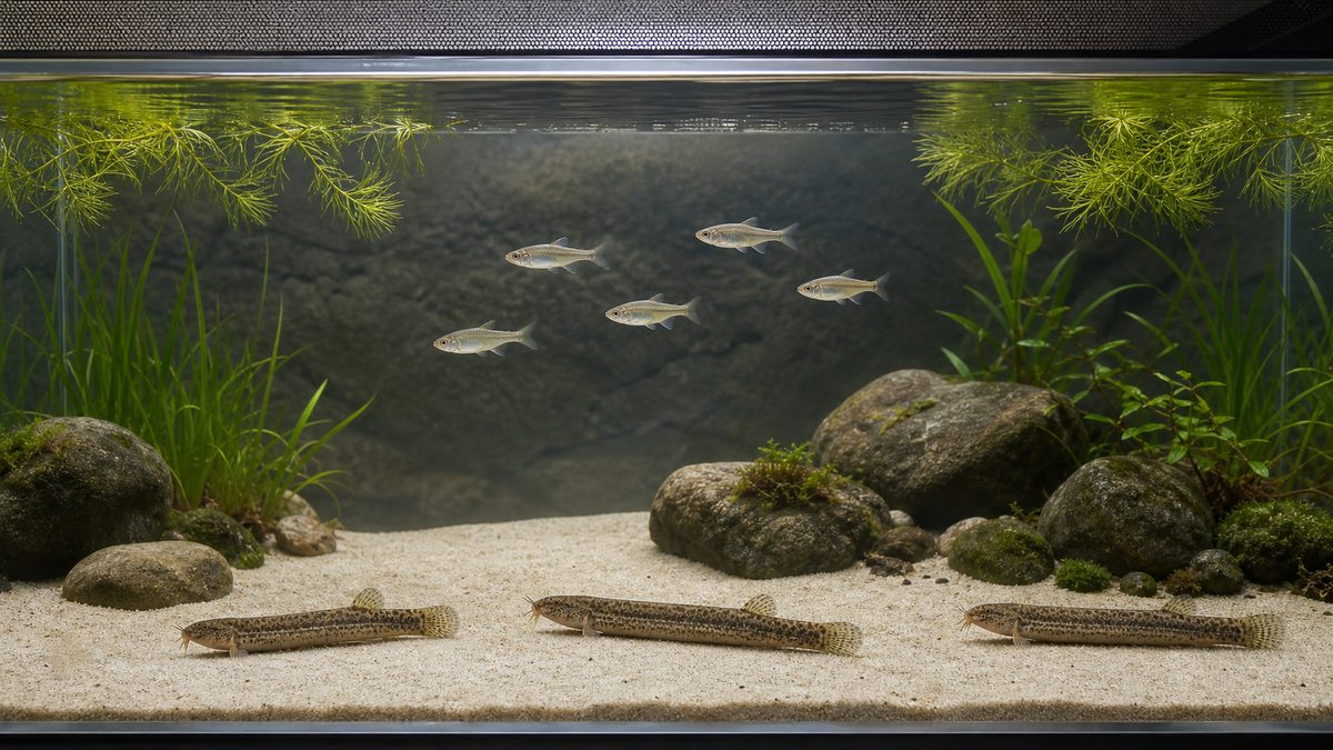 底層の3匹のドジョウと中層を泳ぐ5匹の温和な小型魚が住み分ける水槽