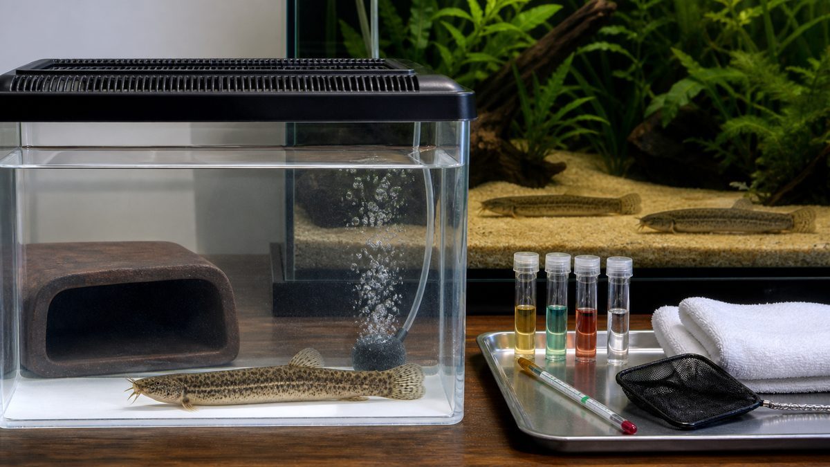 フタ付き観察水槽で1匹のドジョウを隔離し、水質と水温を確認する初期対応