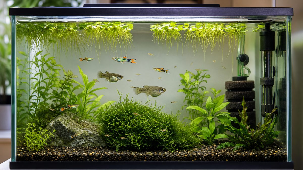 蓋・ヒーター・スポンジフィルター・稚魚の隠れ家を備えたエンドラーズ水槽