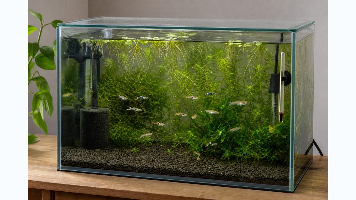 蓋・スポンジフィルター・ヒーター・水草を備えたエンドラーズ飼育水槽