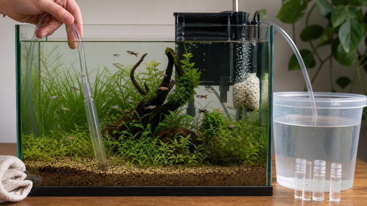 エンドラーズ水槽で底砂を吸い出し、温度を合わせた水を準備する部分水換え