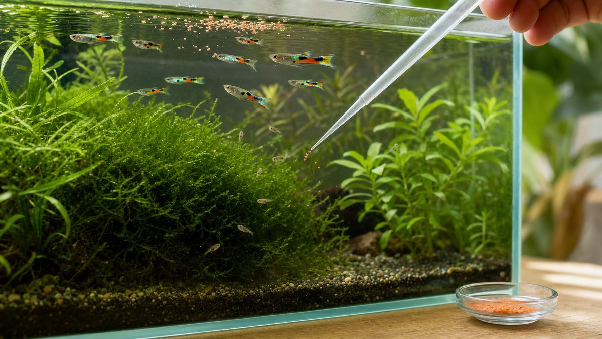 細かく砕いたフレークを食べる成魚とピペットからブラインシュリンプを食べる稚魚