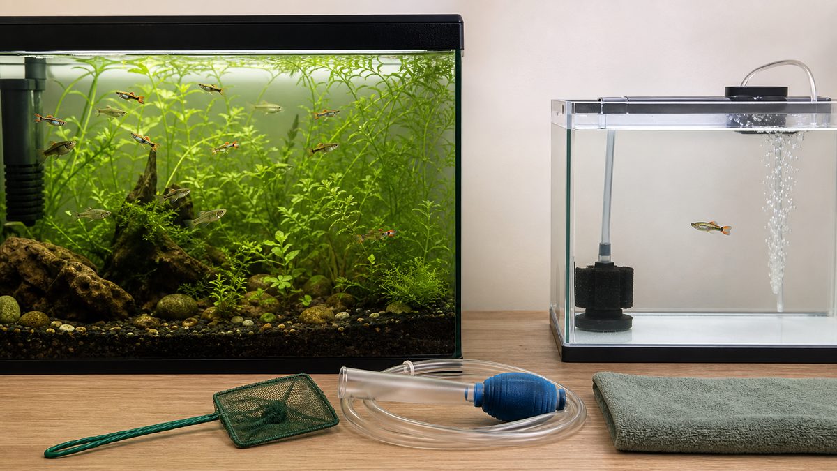 健康なエンドラーズの本水槽と新規導入魚を観察する別の隔離水槽