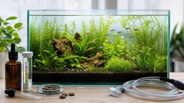 水草肥料と液肥管理の全体像を示す水草水槽と管理用品