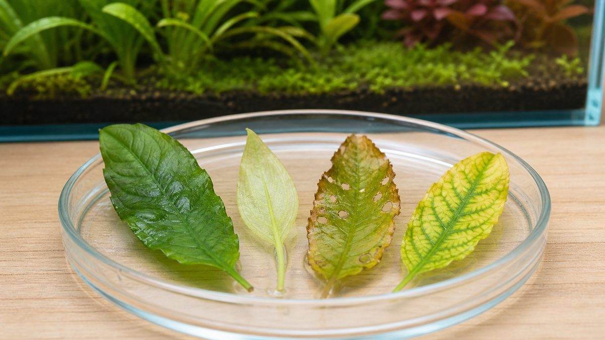 水草の葉色や穴あきから栄養不足を診断する比較イメージ