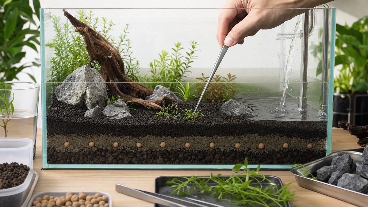 底床肥料を使った水草水槽セットアップ手順の作業風景