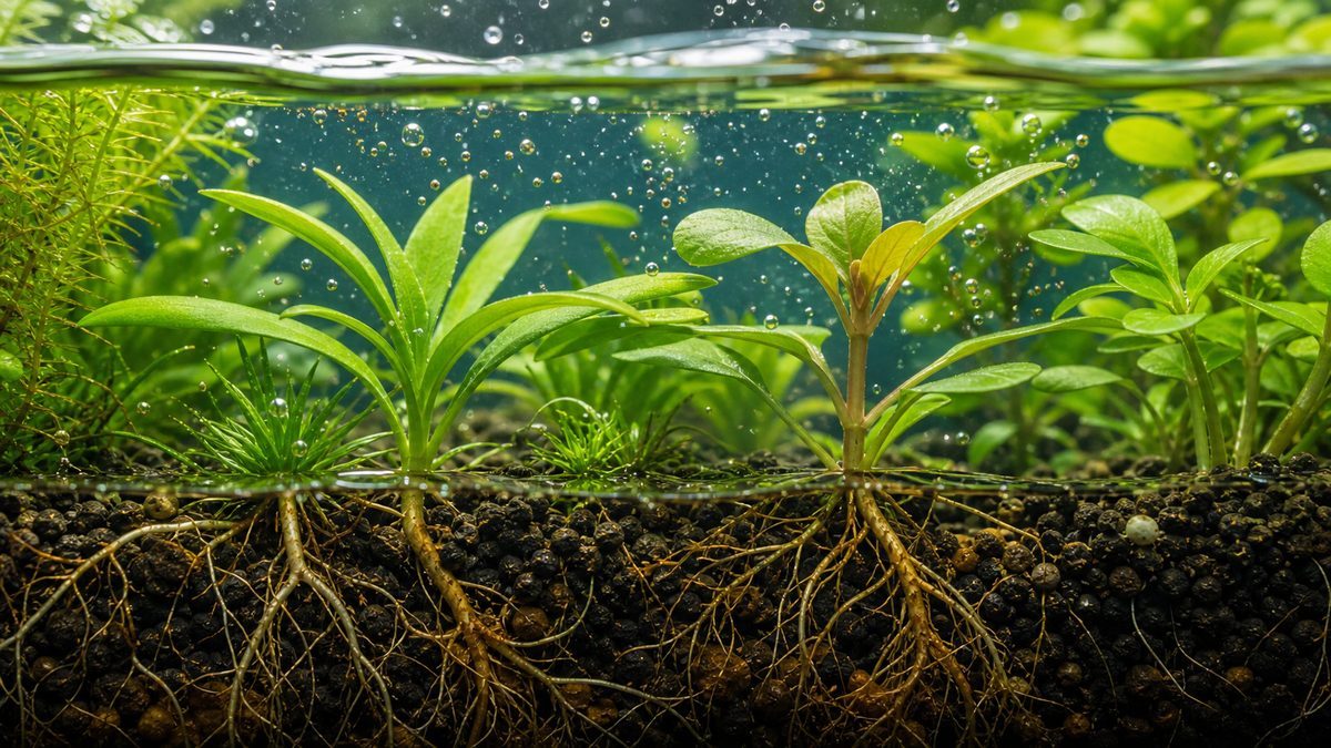水草が葉と根から栄養を吸収する仕組みを示す水中の根と葉