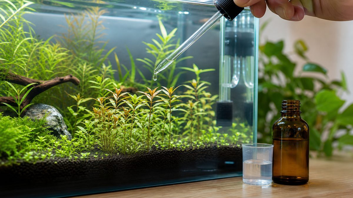 液肥を少量添加する様子と水草の葉からの栄養吸収