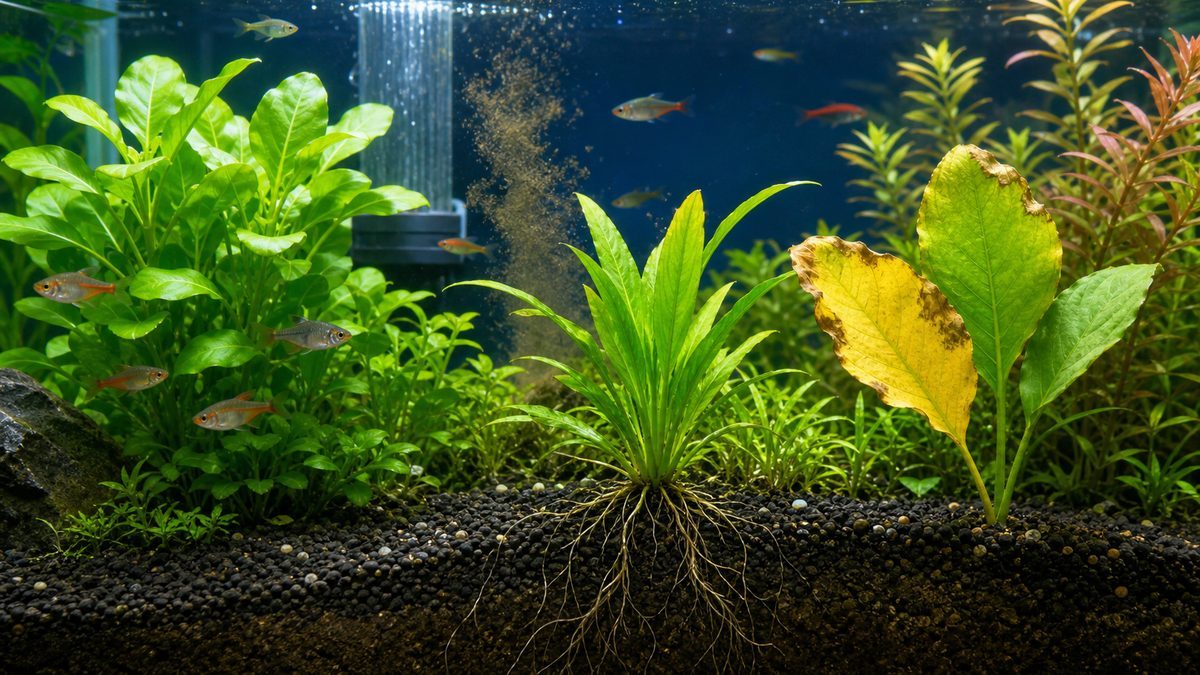 窒素リンカリウムの役割と水草の成長状態を示す水槽