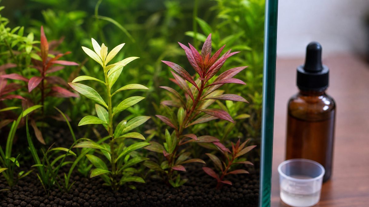 鉄分不足の新葉と健康な赤系水草を比較した水草水槽