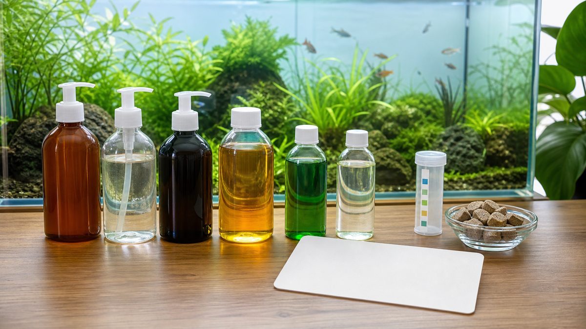 代表的な水草用液肥や水質測定用品を比較する作業台