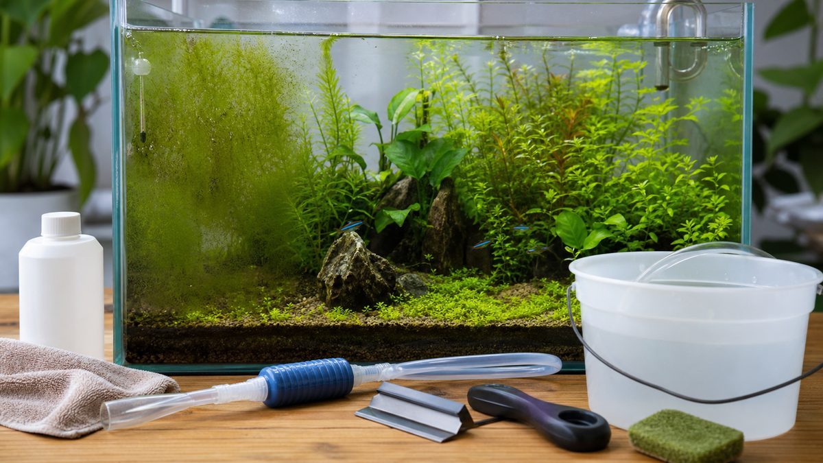 過剰施肥で出るコケと換水掃除による対策を示す水槽