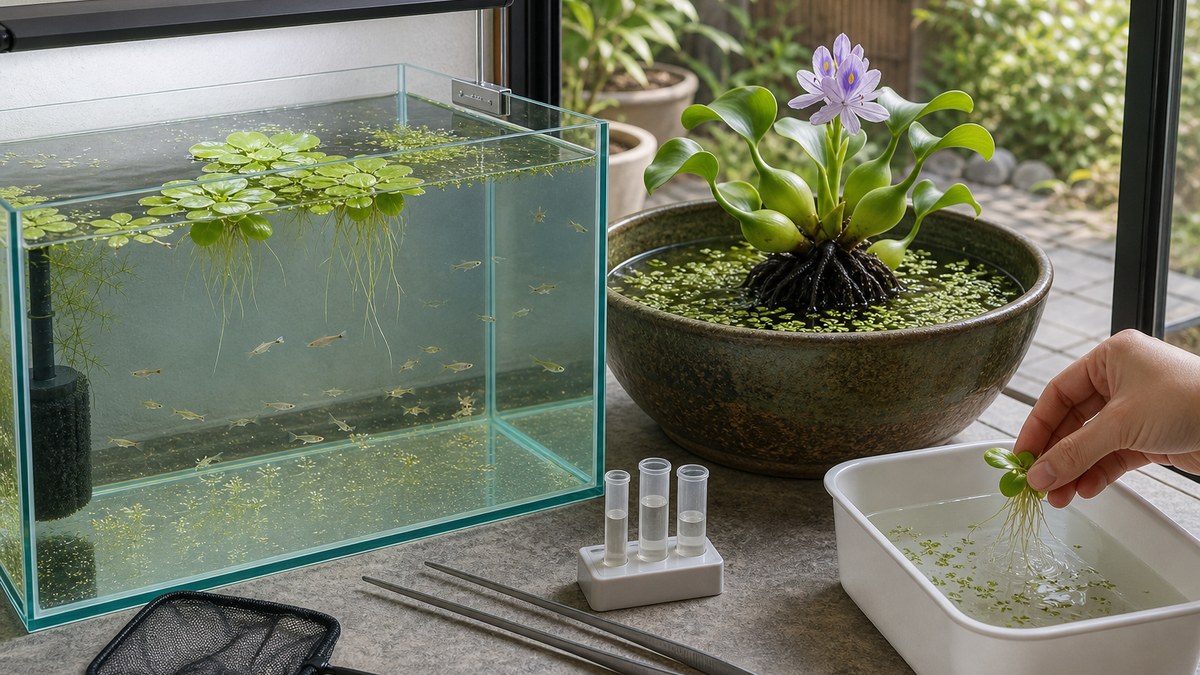 室内水槽と屋外ビオトープで浮き草を育て余分な株を隔離容器へ移す様子