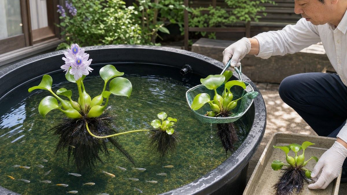 花を付けたホテイアオイの親株から伸びた子株を網で間引く屋外容器