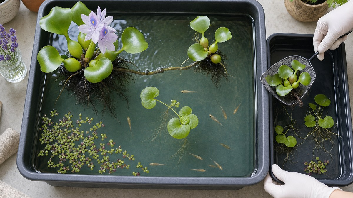 親株と子株がつながる浮き草を残し成熟した余剰株だけを網で移す増殖容器