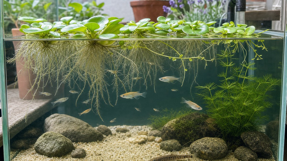 アマゾンフロッグビットの根にメダカの稚魚とエビが隠れ開放水域を成魚が泳ぐ水槽