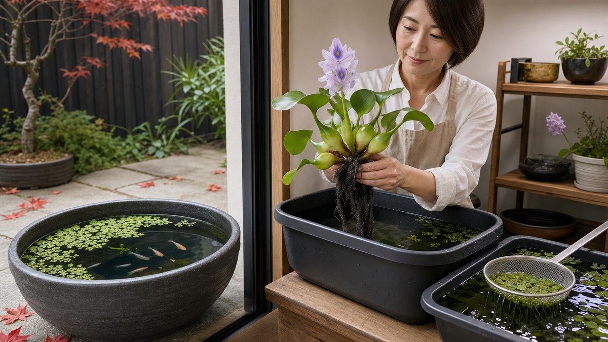 秋の屋外メダカ鉢からホテイアオイを屋内の管理容器へ移す様子