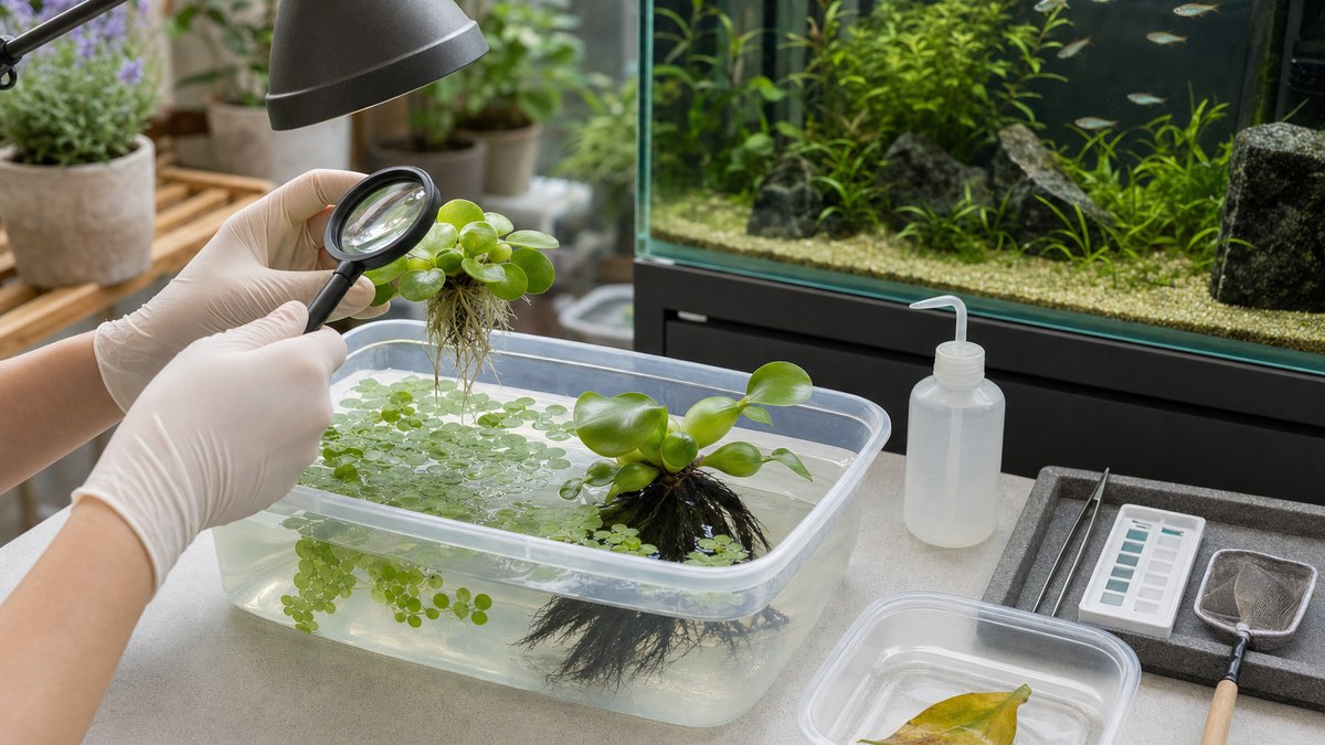 動物のいない隔離容器で浮き草の葉裏と根を拡大鏡で確認する手元