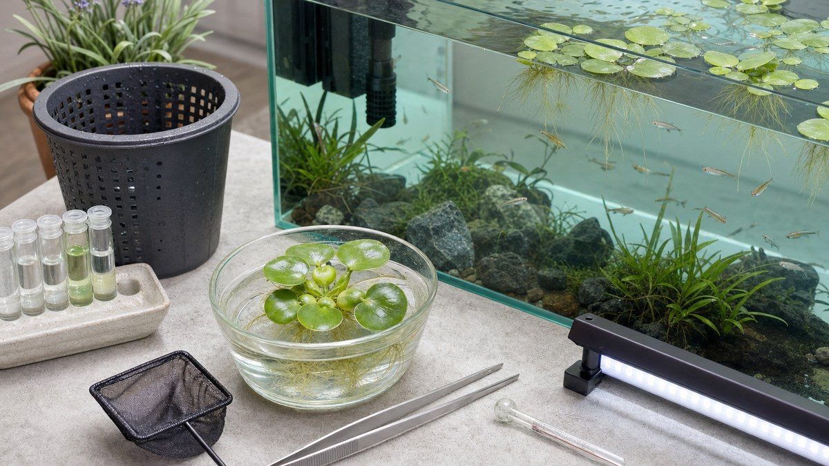 浮き草と細網とピンセットと隔離容器と照明と水質確認用品を水槽横に並べた様子