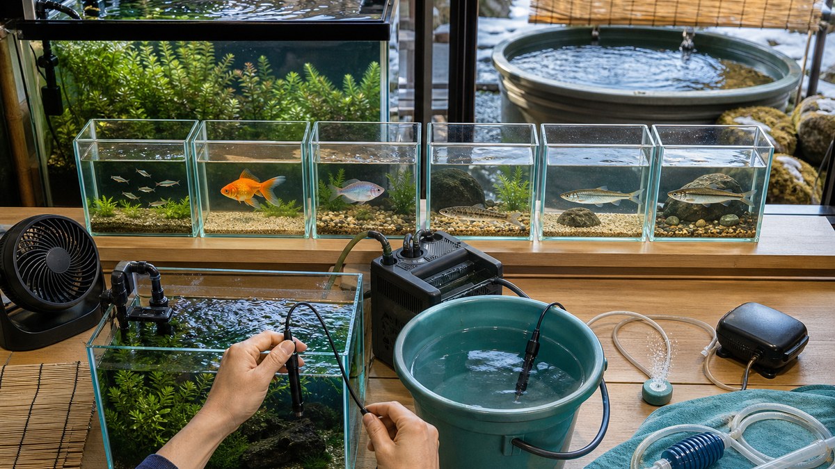 6種の日本淡水魚を別水槽で比較し水温測定と季節対策の全体像を示す飼育環境