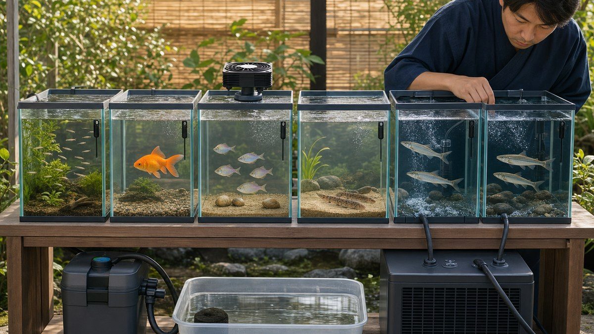 メダカ・金魚・タナゴ・ドジョウ・オイカワ・カワムツの水温管理環境を同条件で比較した6つの水槽