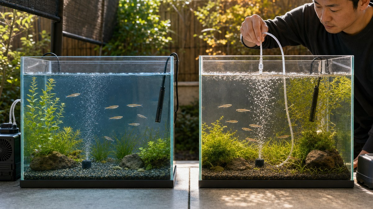 低めの水温と高めの水温のメダカ水槽を分け高温側で水面撹拌と酸素供給を強めた比較