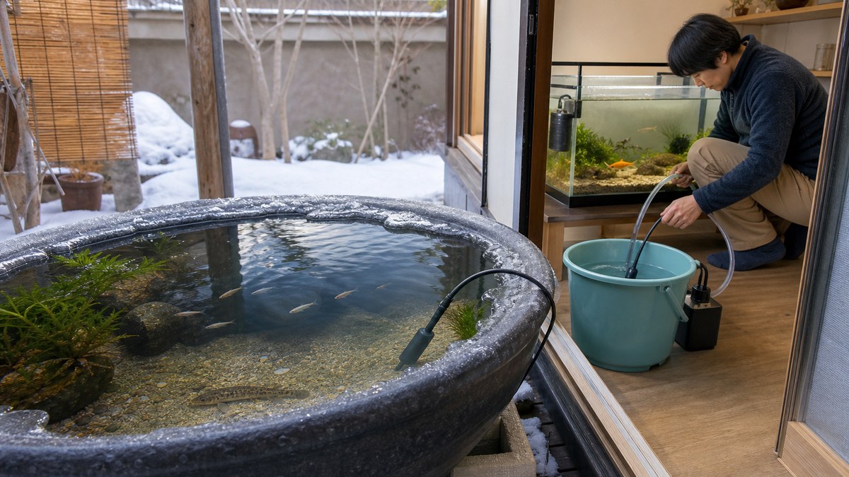 冬の深い屋外容器でメダカとドジョウを静かに越冬させ準備水を細いホースでゆっくり足す様子