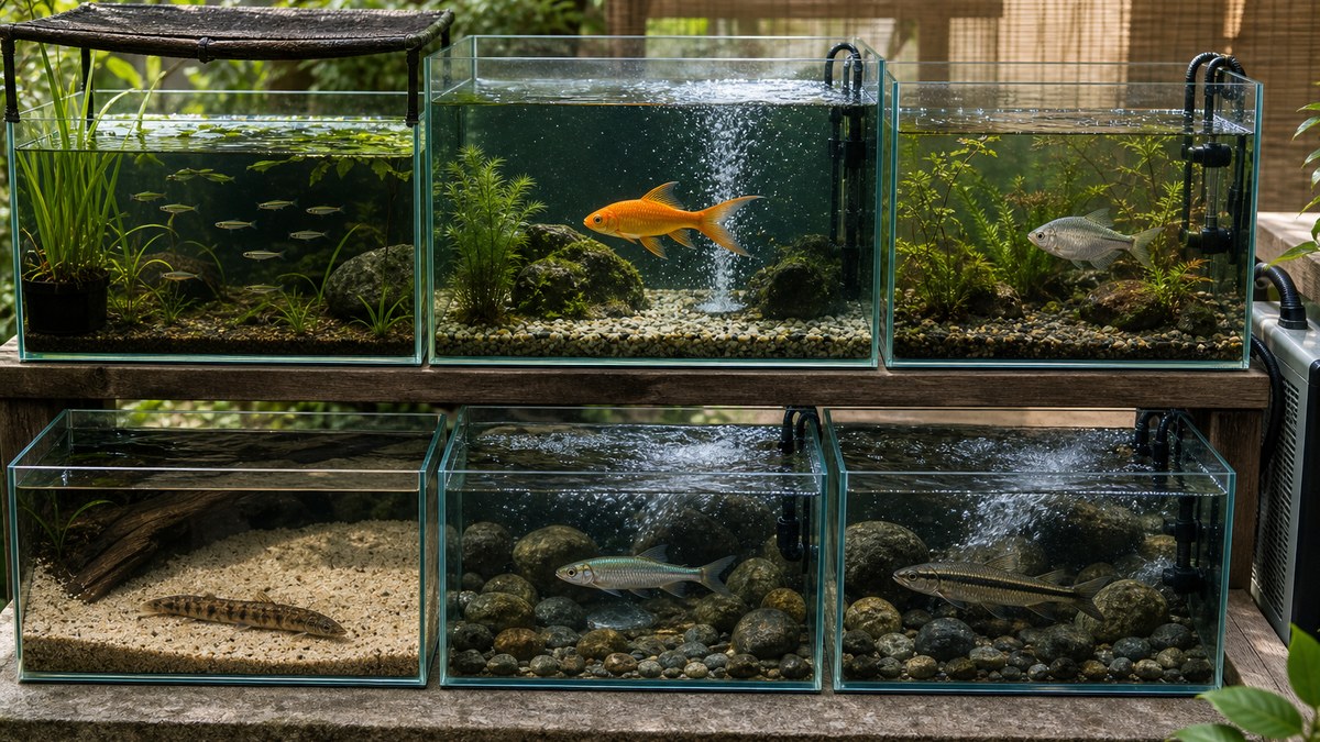 6種の日本淡水魚を生息環境に合わせた独立水槽で飼育し魚種別の水温管理を示すギャラリー