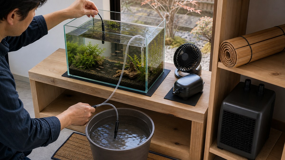 メダカ水槽と準備水の温度を別々のプローブで確かめ少量の水を細いホースでゆっくり足す飼育者