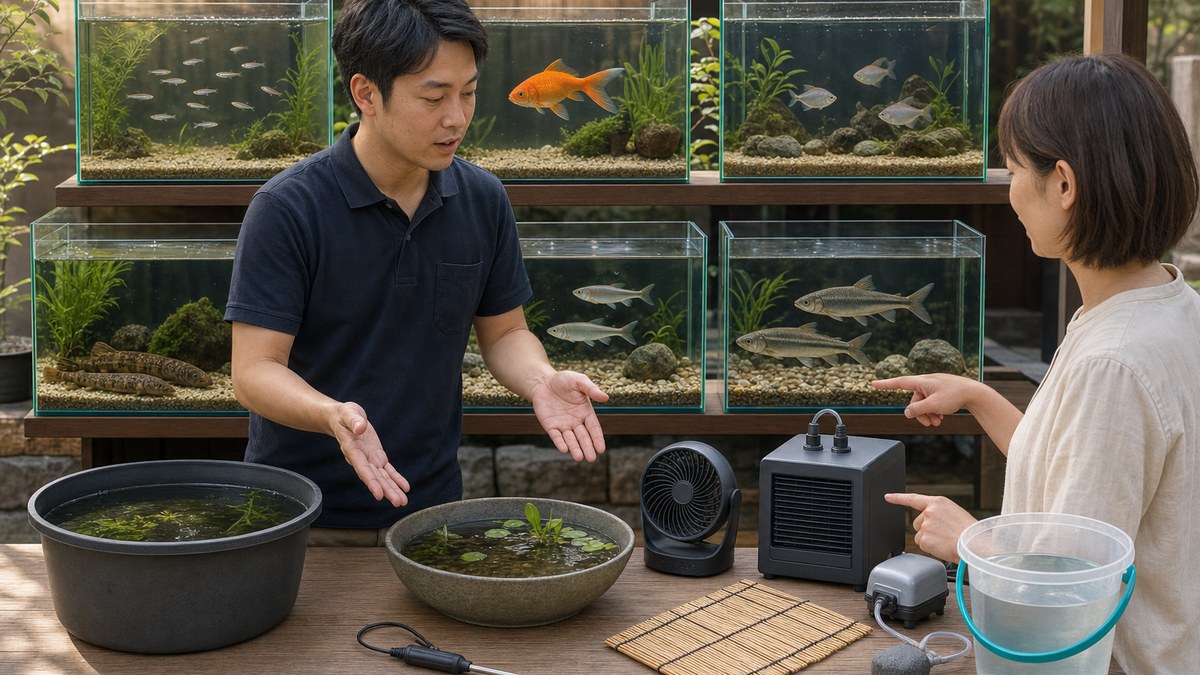 6種の日本淡水魚の別水槽を前に容器の深さ・遮光・送風・冷却・酸素・準備水を相談する場面