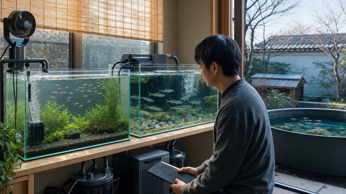 室内のメダカ水槽と冷却したオイカワ水槽と屋外の深い冬容器を観察する飼育者