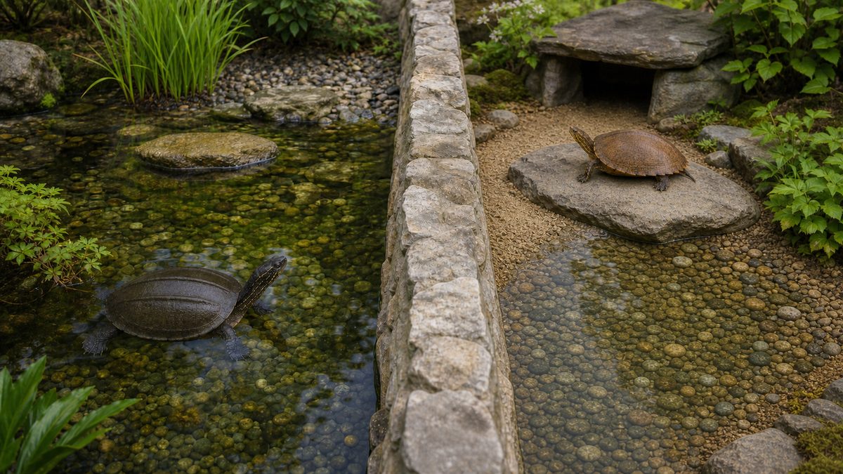 水場と陸場を備えた別々の庭池で過ごすクサガメとニホンイシガメ