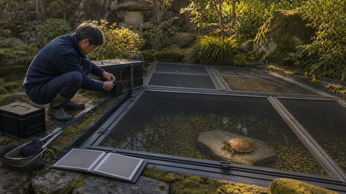 長年使うカメの庭池で外部ろ過と固定メッシュを点検する飼い主