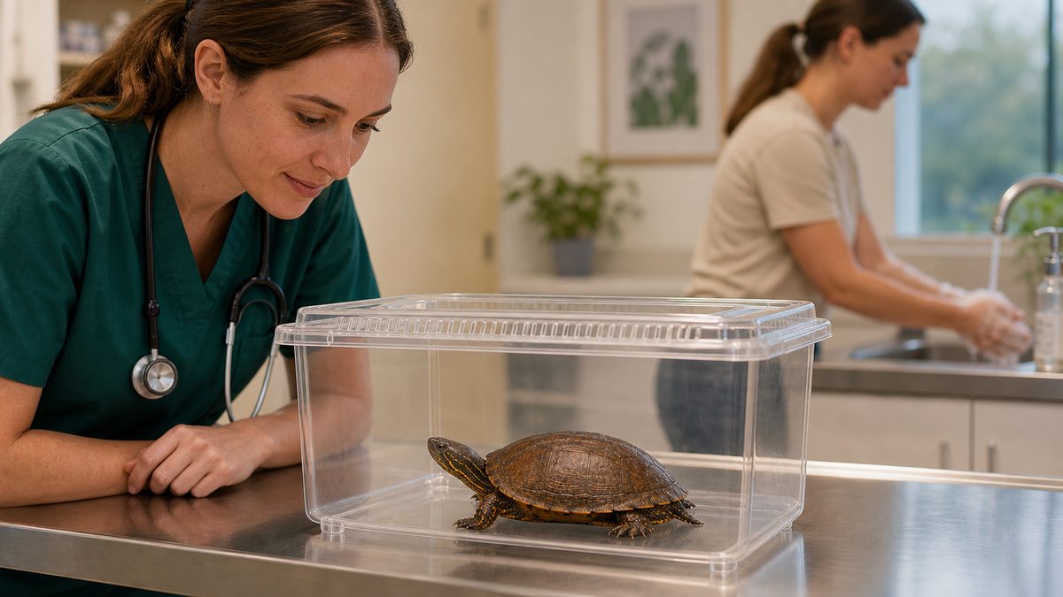 移動容器のニホンイシガメを獣医師が観察し飼い主が手洗いする場面