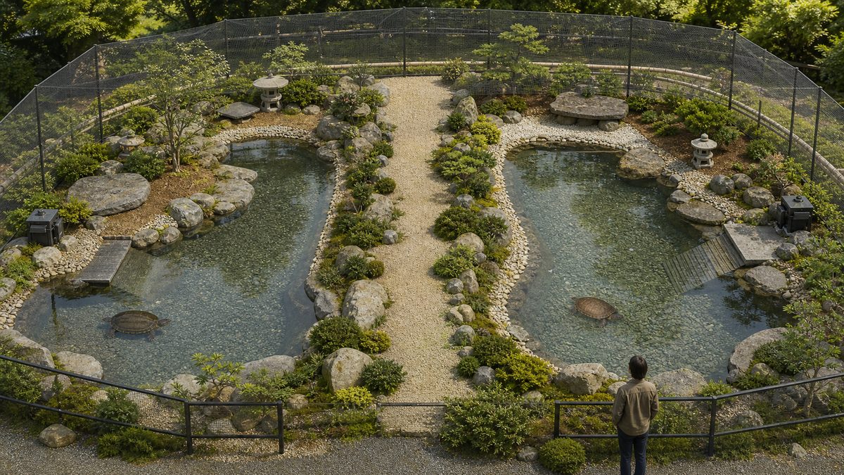 クサガメ用とニホンイシガメ用の庭池を中央の通路で分けた飼育庭園