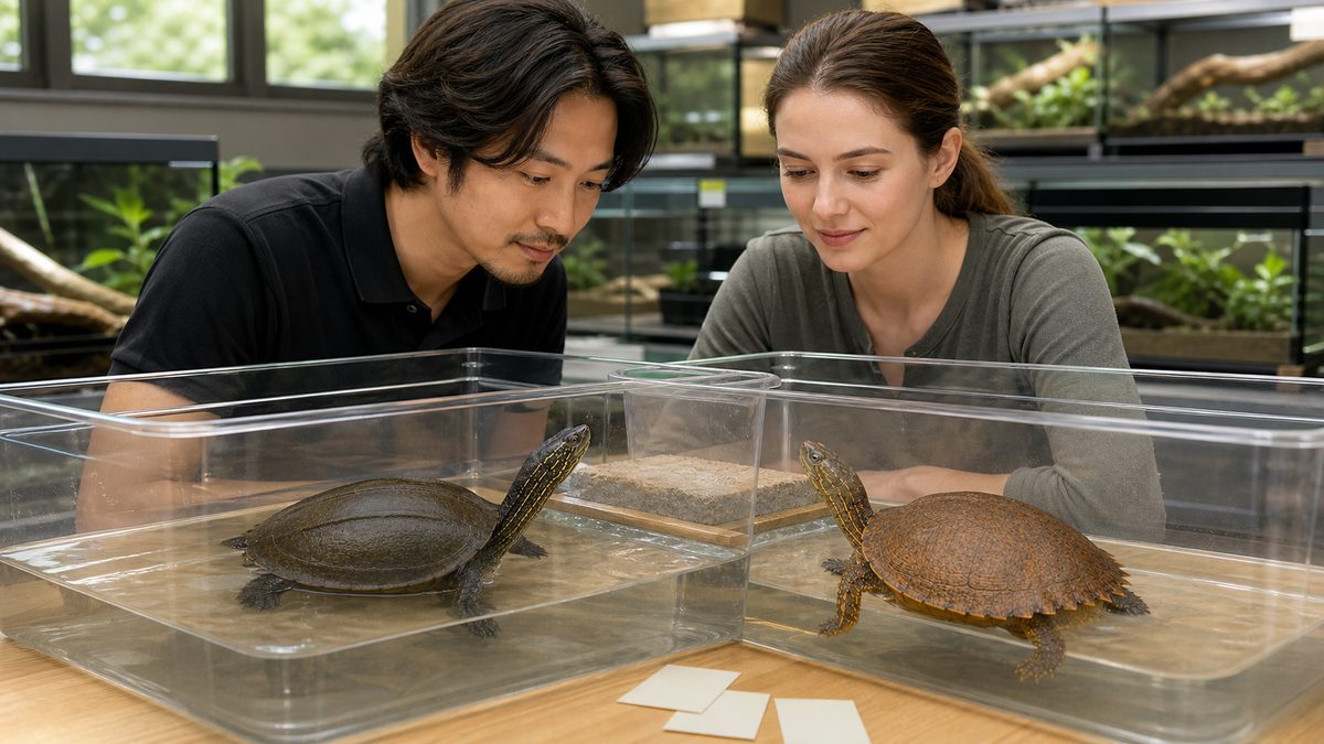 別容器のクサガメとニホンイシガメを飼育下繁殖施設で観察する場面