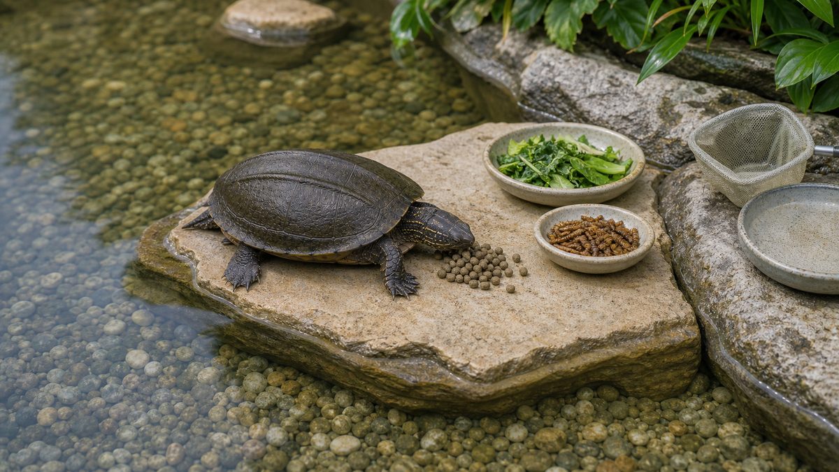 専用の給餌場所で配合飼料を食べるクサガメと少量の補助食