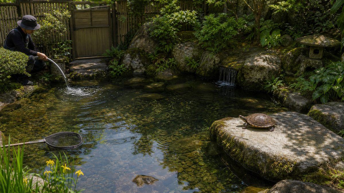 カメの庭池で部分換水・ろ過・落ち葉除去・日陰づくりを行う場面