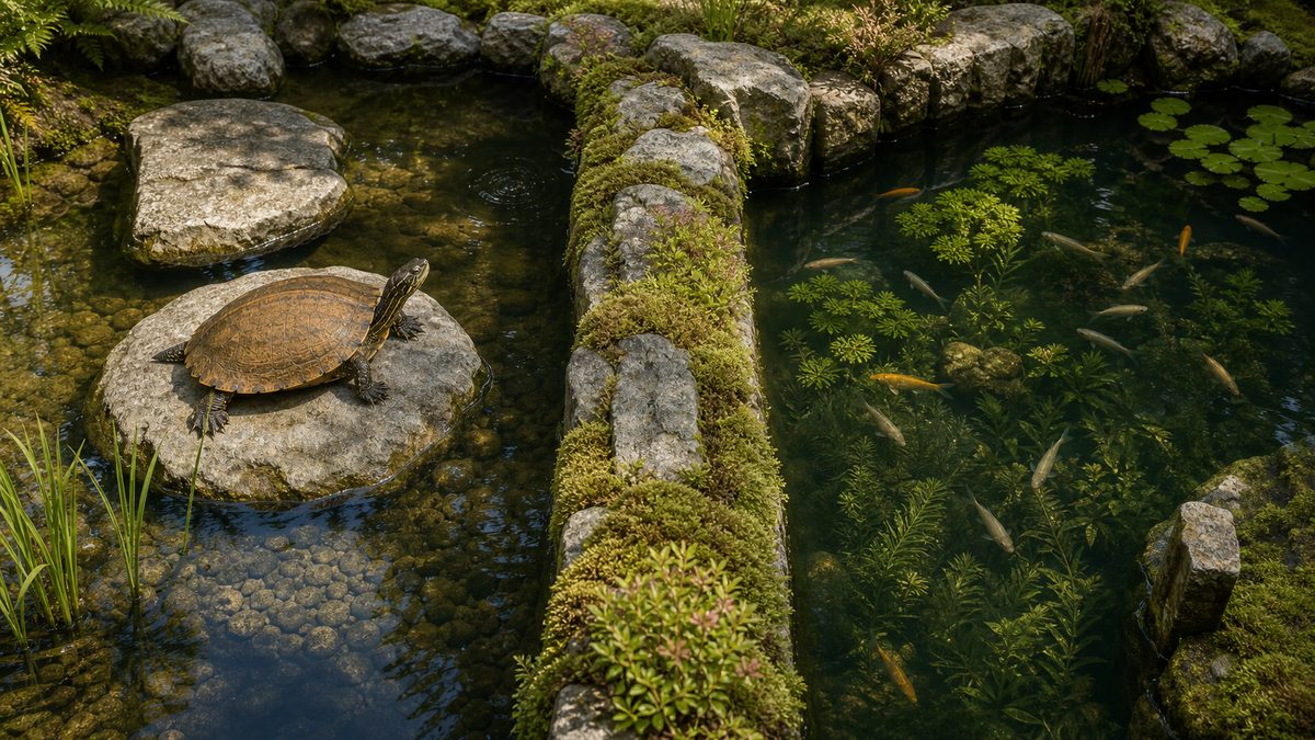 ニホンイシガメの池と小魚の池を隙間のない石壁で分けた庭池