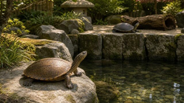別々の庭池で日光浴するニホンイシガメとクサガメ