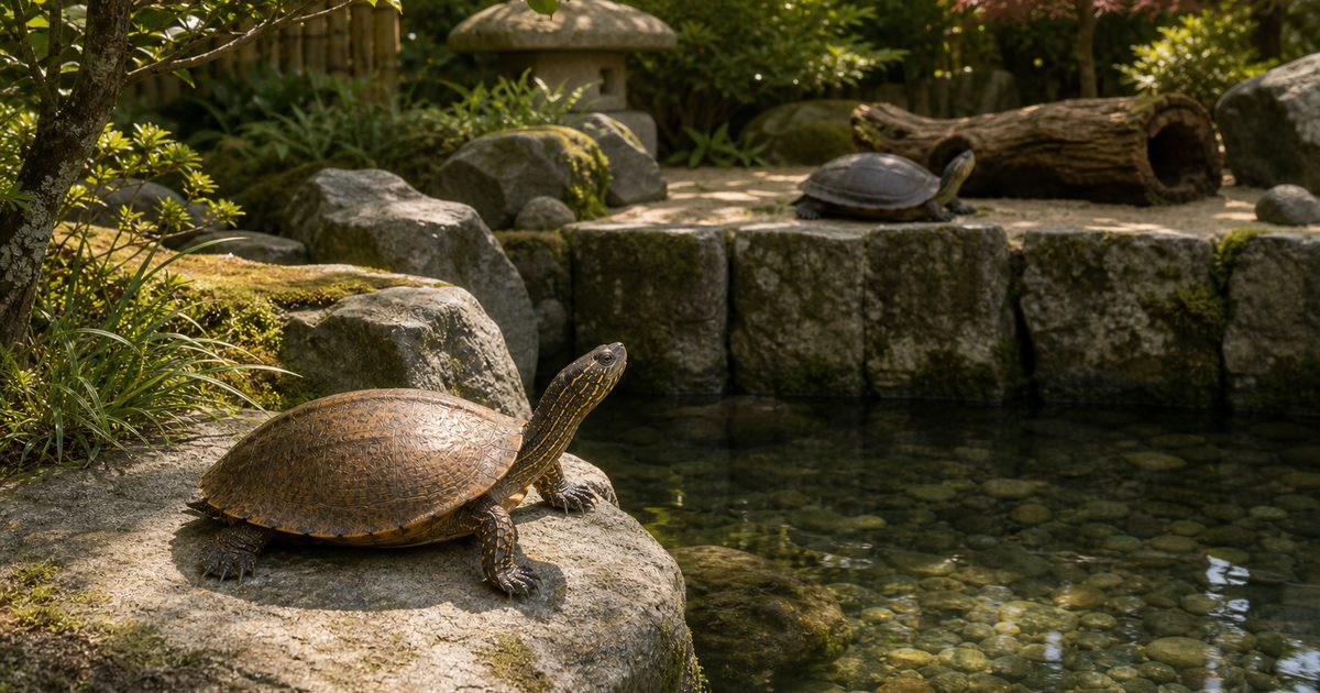 別々の庭池で日光浴するニホンイシガメとクサガメ
