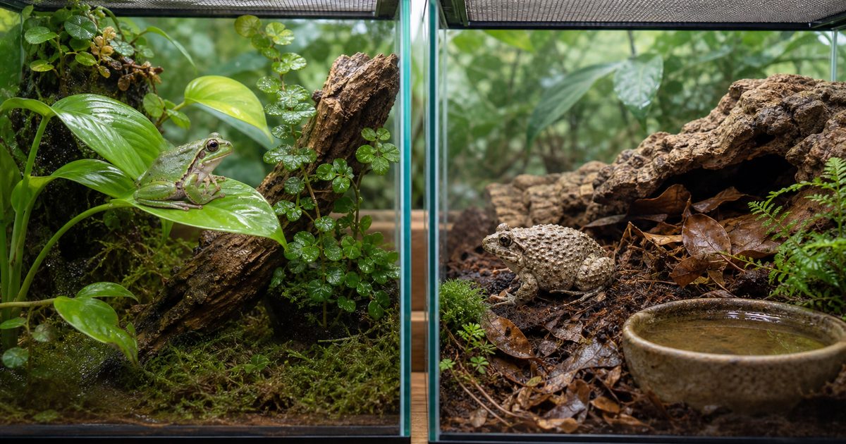 縦長ケージのニホンアマガエルと横長ケージのヌマガエル