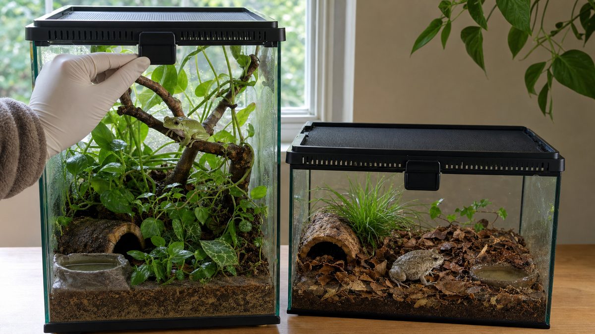 安全な蓋と隠れ家を備えたアマガエル用とヌマガエル用の別々の完成ケージ