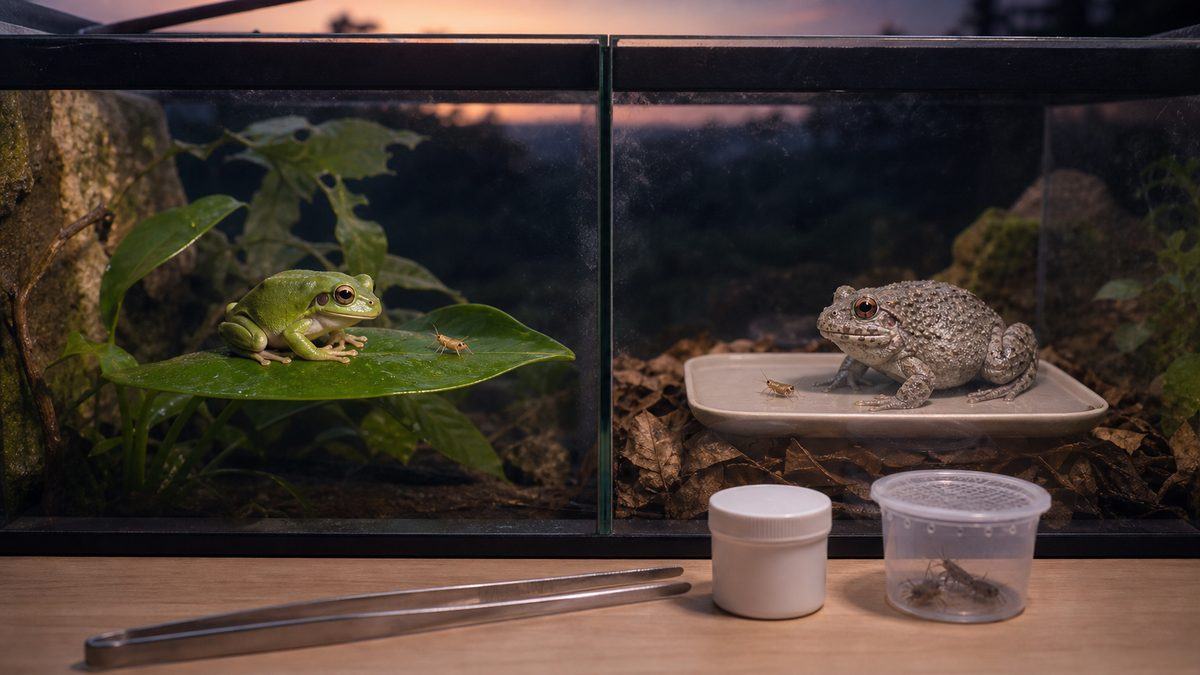 小型コオロギを別々の給餌場所で狙うアマガエルとヌマガエル