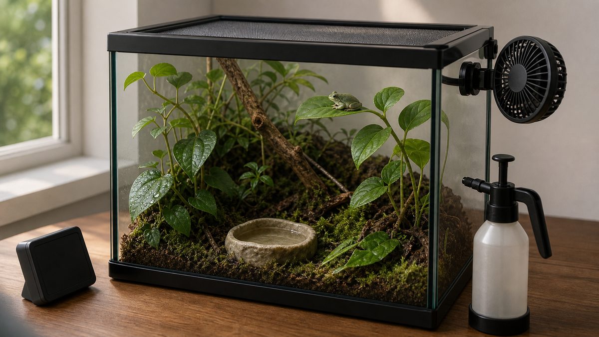 日陰の植物と浅い水入れ、網蓋、外付けファンを備えたアマガエルケージ