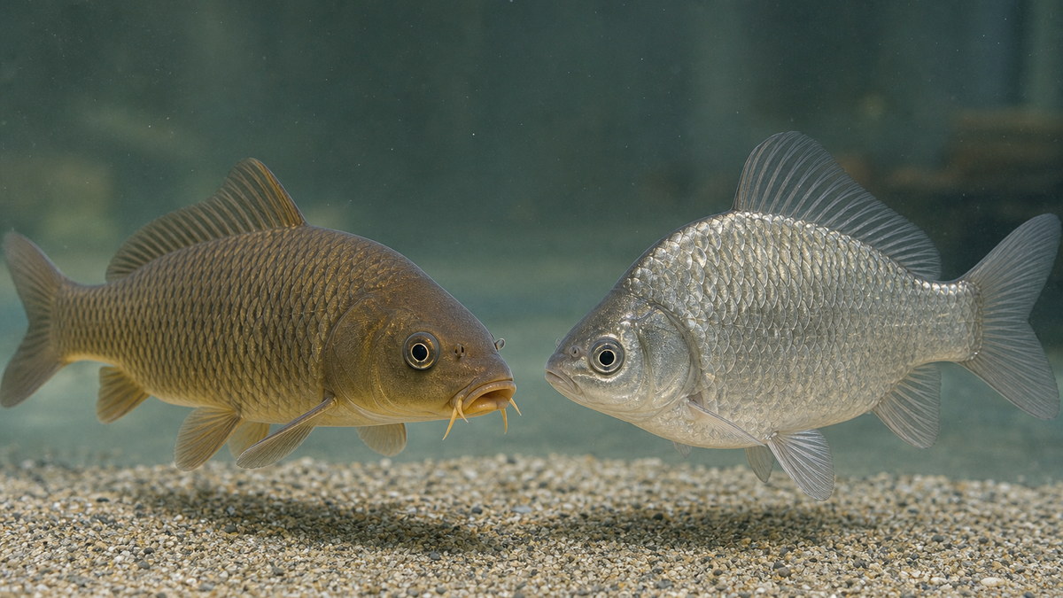 同じくらいの大きさのコイ幼魚とフナ幼魚を全身と口元が見える角度で並べてヒゲ・唇・体高を比較する観察水槽