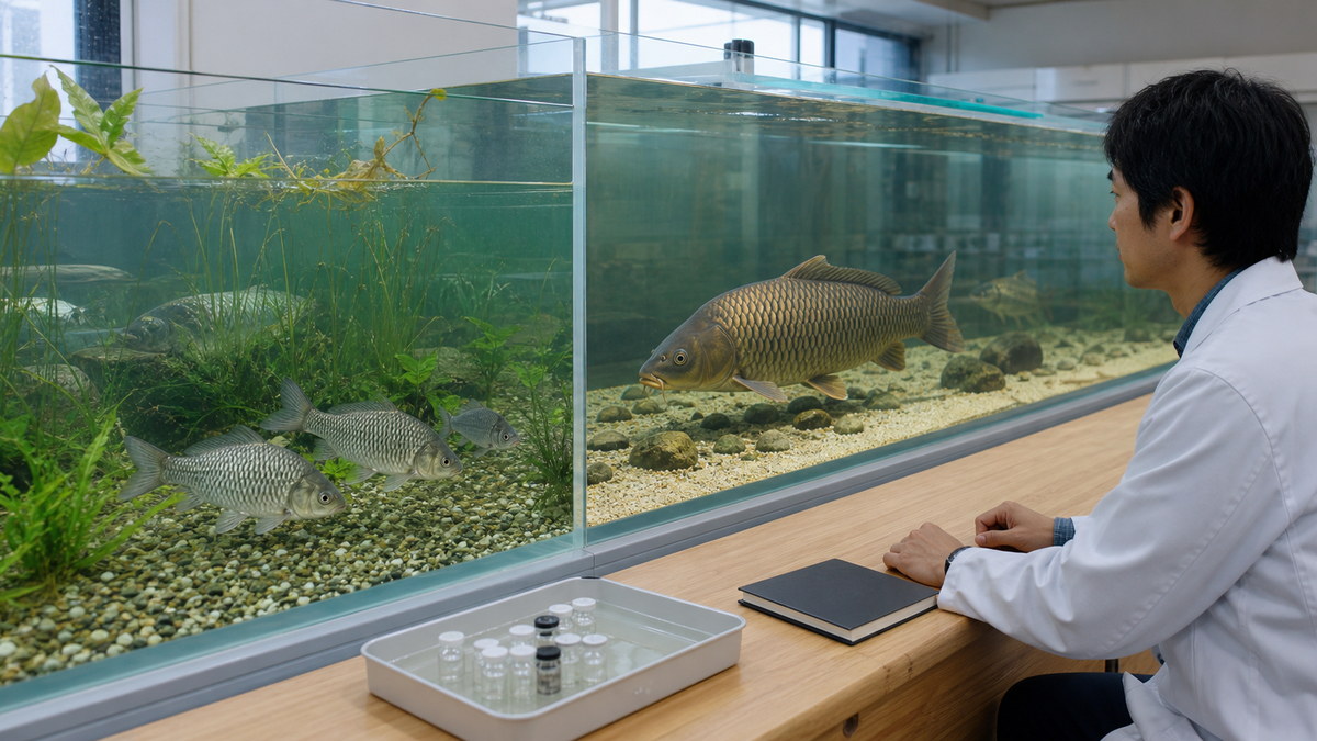 浅く植物のある水槽で泳ぐ銀色のフナと広い砂礫水槽の底で採餌する茶褐色のコイを研究者が観察する飼育室