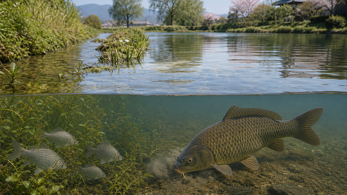 植物のある浅い用水路で静かに採餌する銀色のフナとつながる広い池の底で泥を巻き上げて採餌する茶褐色のコイ