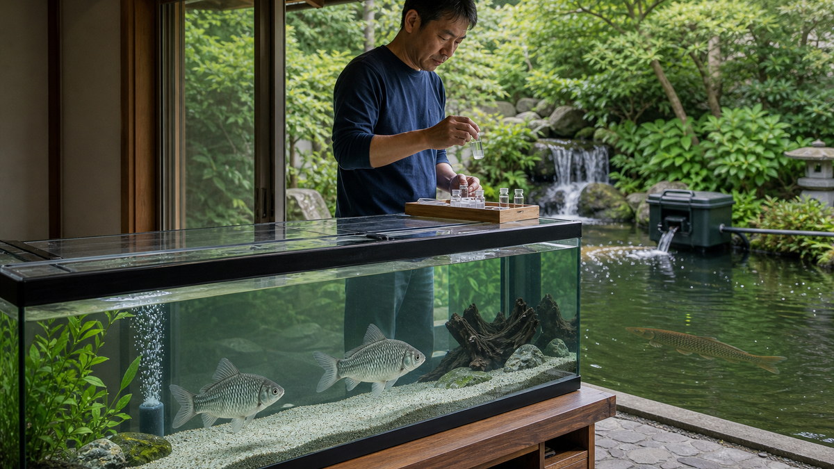 成魚のフナが泳ぐ長くろ過された室内水槽と成魚のコイが泳ぐ広いろ過池を飼育者が水質確認する住環境