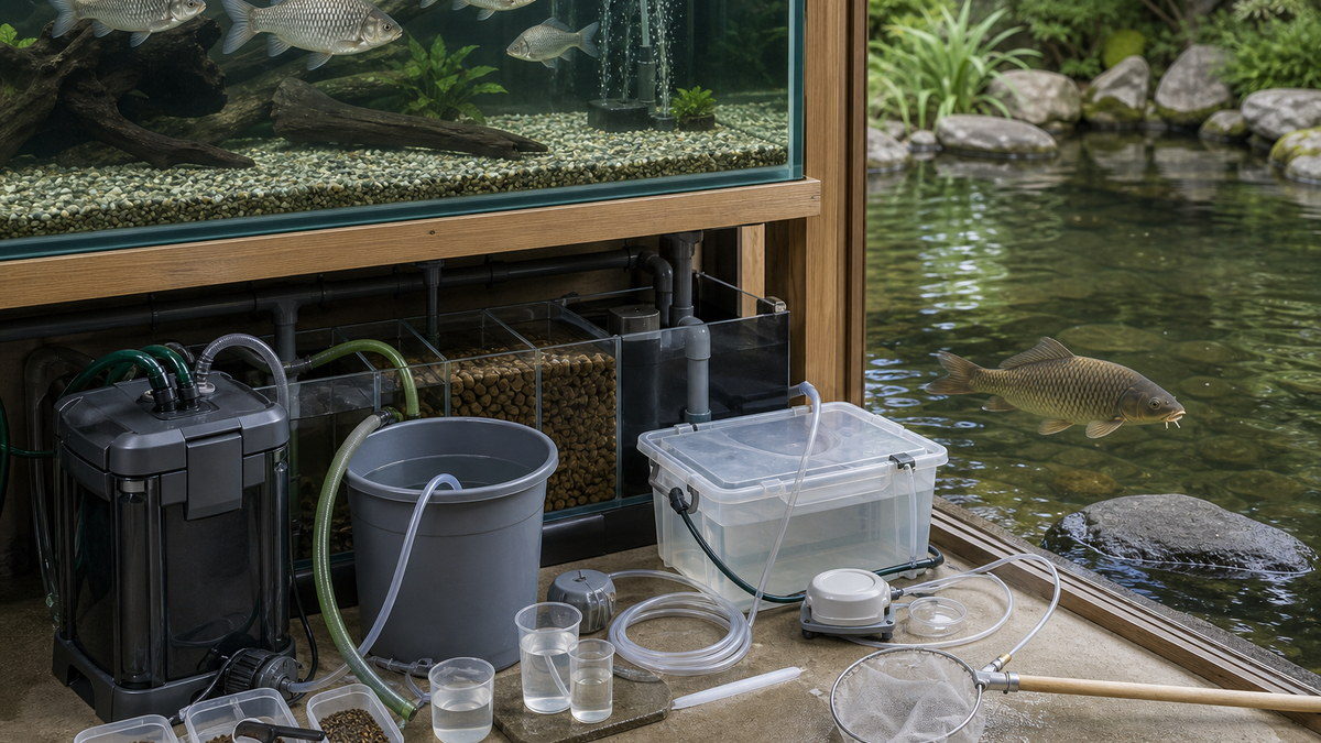 フナの大型水槽とコイの屋外池の間に外部ろ過・池用ろ過・エアポンプ・準備水・水換えホース・網・検査用品を整えた作業台